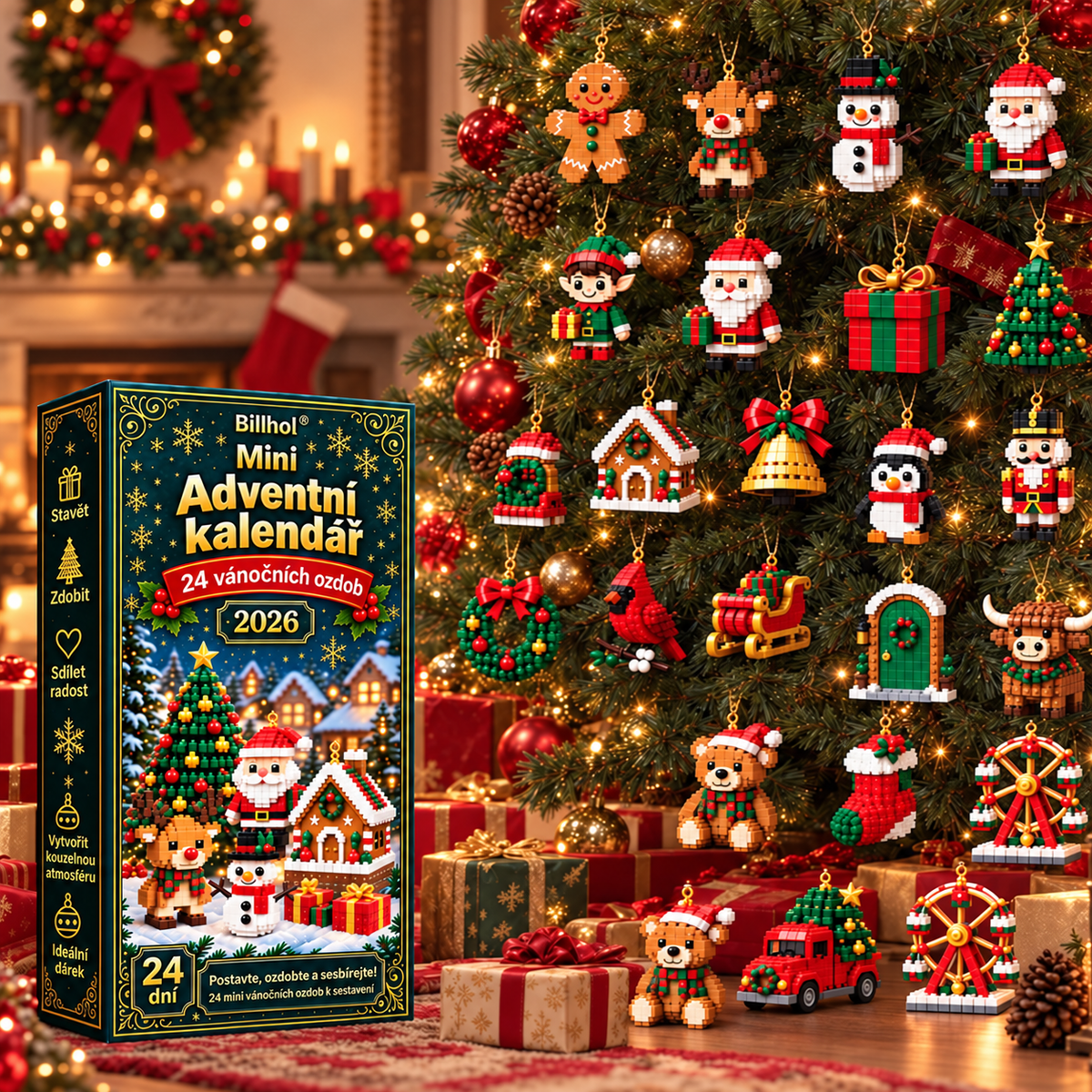 Billhol® Mini adventní kalendář s 24 vánočními ozdobami | 24 jedinečných vánočních modelů k sestavení, včetně háčků – ideální na vánoční stromečky, věnce a další vánoční dekorace 🐮