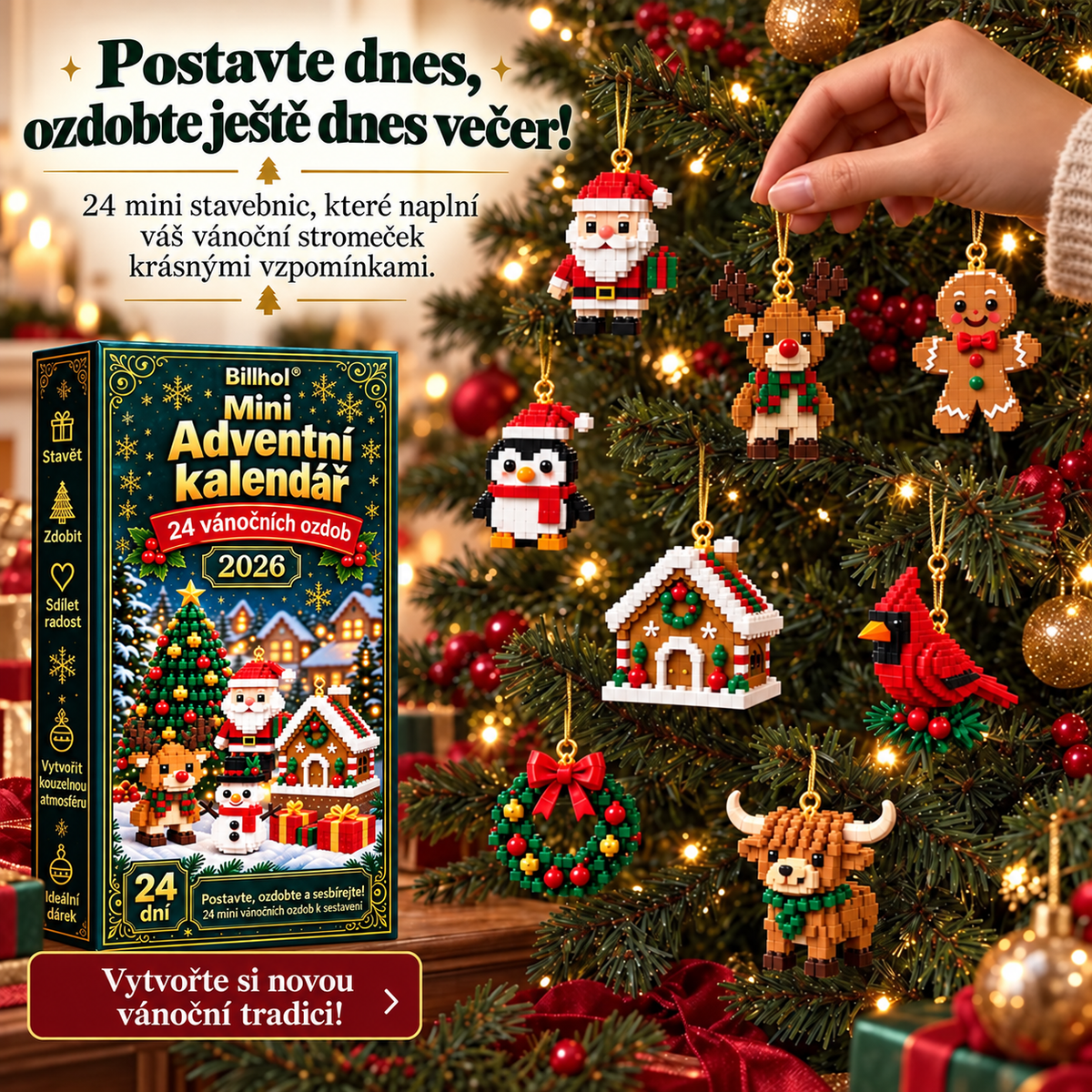 Billhol® Mini adventní kalendář s 24 vánočními ozdobami | 24 jedinečných vánočních modelů k sestavení, včetně háčků – ideální na vánoční stromečky, věnce a další vánoční dekorace 🐮