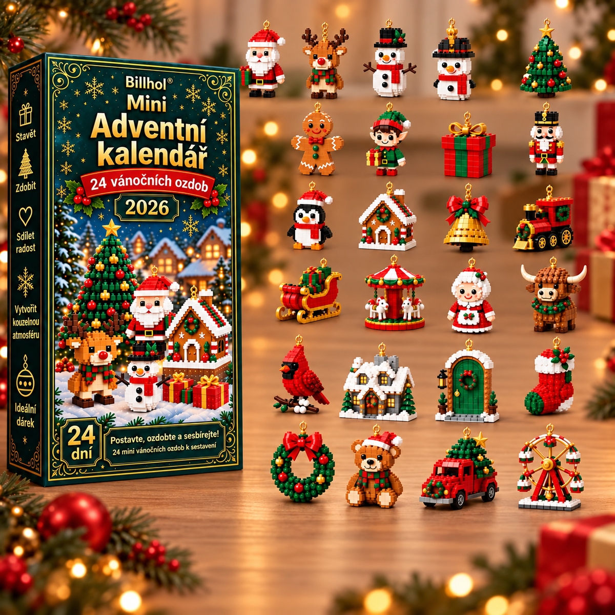 Billhol® Mini adventní kalendář s 24 vánočními ozdobami | 24 jedinečných vánočních modelů k sestavení, včetně háčků – ideální na vánoční stromečky, věnce a další vánoční dekorace 🐮