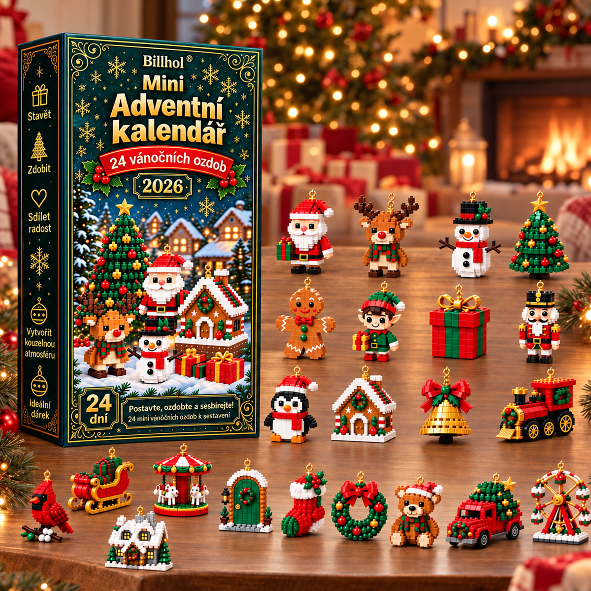 Billhol® Mini adventní kalendář s 24 vánočními ozdobami | 24 jedinečných vánočních modelů k sestavení, včetně háčků – ideální na vánoční stromečky, věnce a další vánoční dekorace 🐮