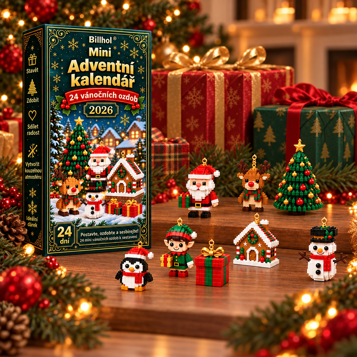 Billhol® Mini adventní kalendář s 24 vánočními ozdobami | 24 jedinečných vánočních modelů k sestavení, včetně háčků – ideální na vánoční stromečky, věnce a další vánoční dekorace 🐮